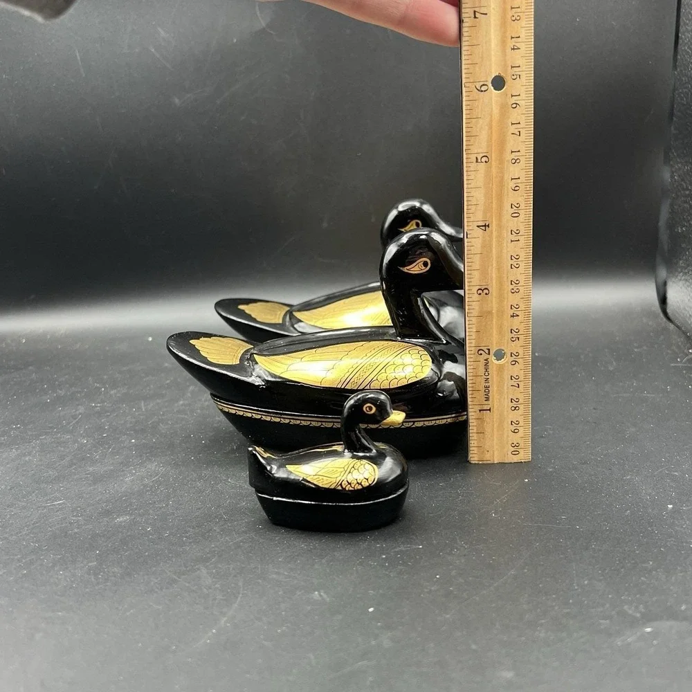 Vintage Black And Gold Gilded Lacquered Duck Wood Trinket Box Set Family Of 3